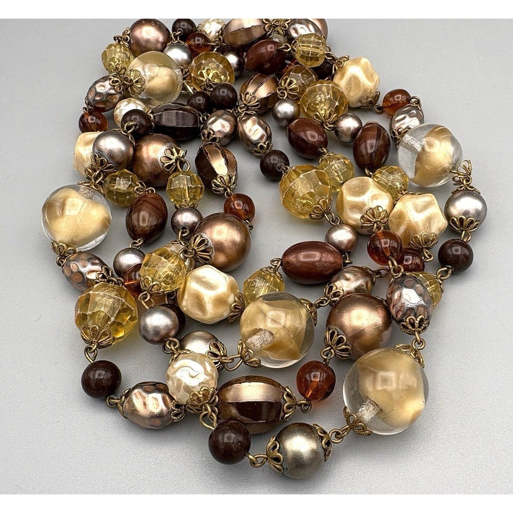 Vintage Germany Necklace Art Glass Beaded Brown Cream 54"